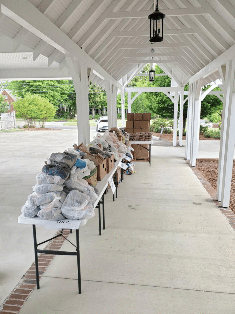 Image of food pantry distribution with bags of food ready to be handed out.
